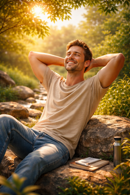 Relaxed man smiling peacefully while sitting on a rock in a sunny natural landscape, representing inner satisfaction and calm presence